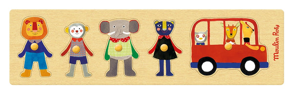 Wooden puzzle with colorful animal characters and a bus on a beige background