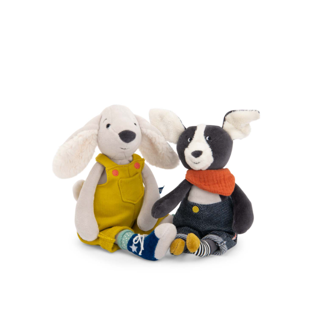Pilou and Puce soft toy dogs sitting on the floor