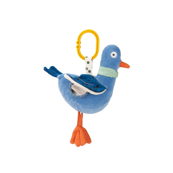 Blue pigeon rattle with the wing lifted showing the mirror underneath