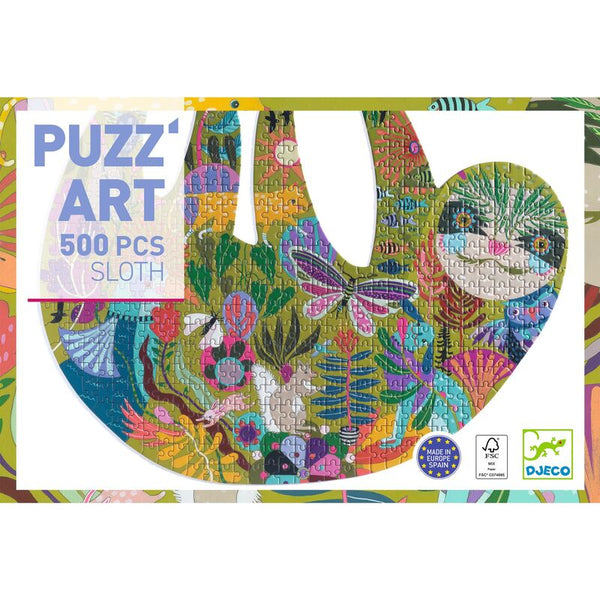 Puzzle packaging with sloth illustration and 'PUZZ' ART' branding