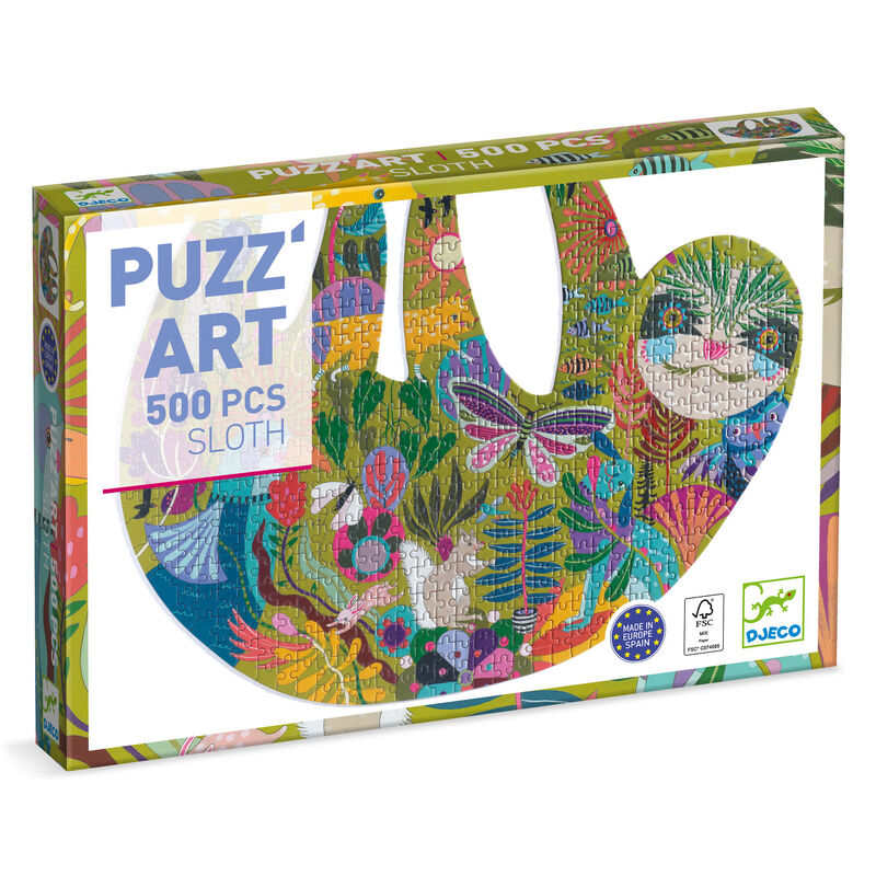 Colourful puzzle packaging for a sloth-themed puzzle with 'PUZZL' ART' branding.