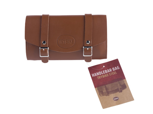 Brown handlebar bag with 'Trybike' branding and a matching packaging sleeve on a white background.