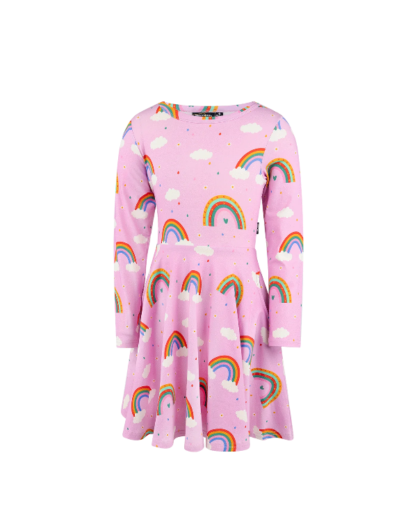 Pink dress with all-over print of rainbows & clouds