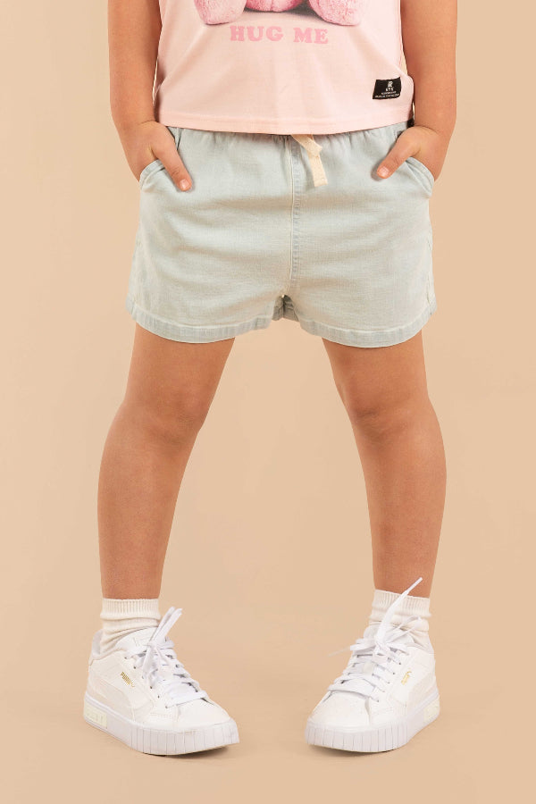 Child wearing the ROCK YOUR BABY Light Blue Chambray Shorts