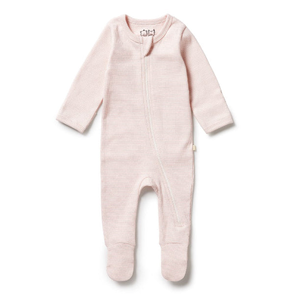 Full length front view of WILSON & FRENCHY Organic Stripe Rib Zipsuit with Feet - Cantaloupe