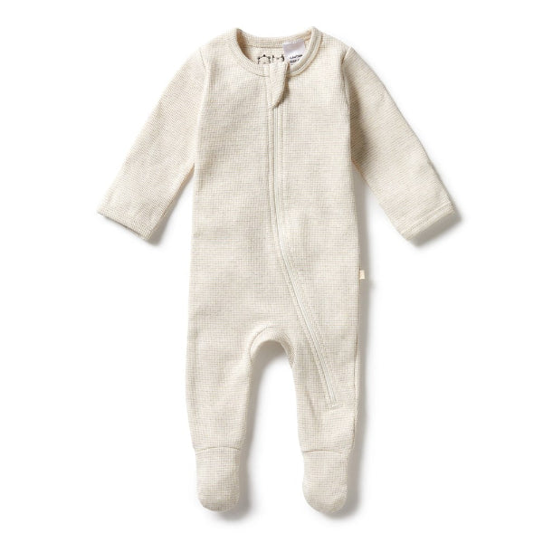 WILSON & FRENCHY Organic Stripe Rib Zipsuit with Feet - Oatmeal