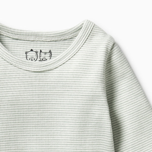 Detail view of mint stripe and round neckline on the WILSON & FRENCHY Organic Stripe Rib Long Sleeved Top - Fern
