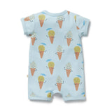 Back of baby romper with ice cream cone pattern on a light blue background