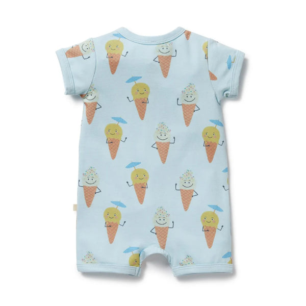 Back of baby romper with ice cream cone pattern on a light blue background