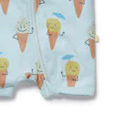 Bottom of Baby onesie with ice cream cone pattern on a light blue background