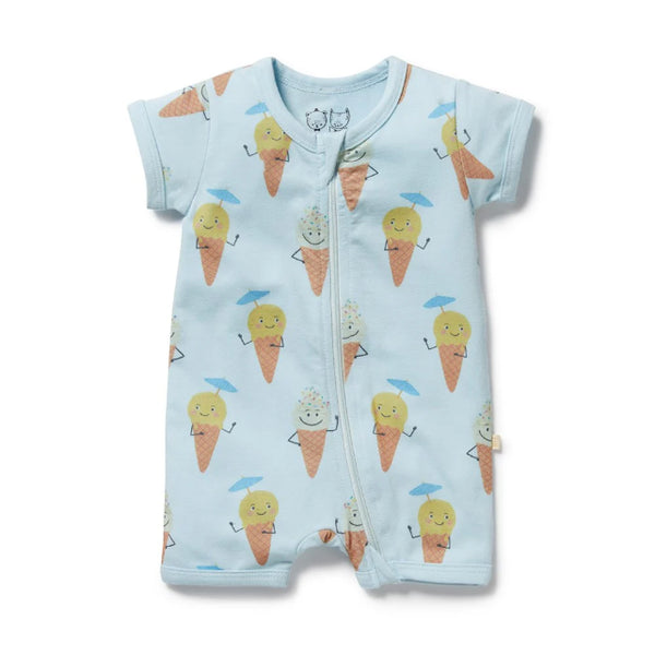 Baby romper with ice cream cone pattern on a light blue background
