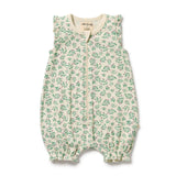 Baby romper with green floral pattern on a white background
