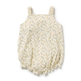 Back of Lemon Leaf-patterned baby romper on a white background