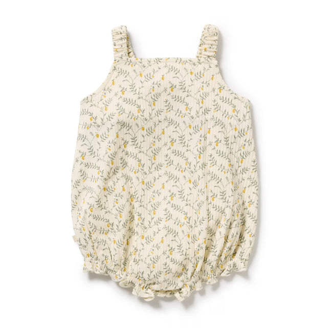 Back of Lemon Leaf-patterned baby romper on a white background