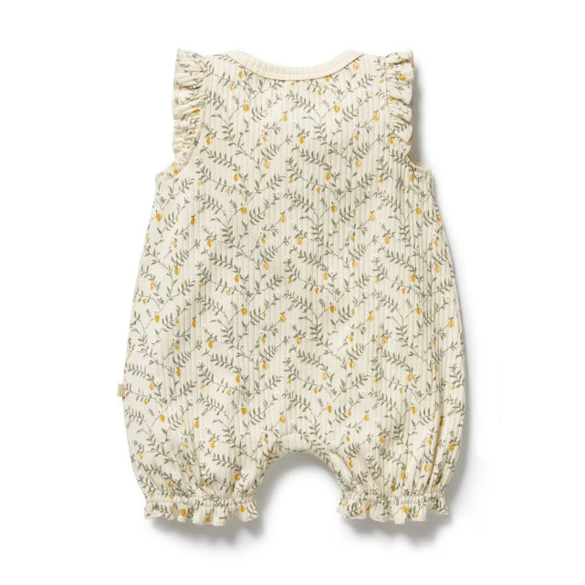 Back of Baby romper with lemon leaf pattern on a white background