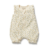 Baby romper with lemon leaf pattern on a white background