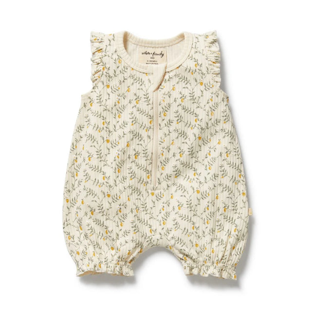 Baby romper with lemon leaf pattern on a white background