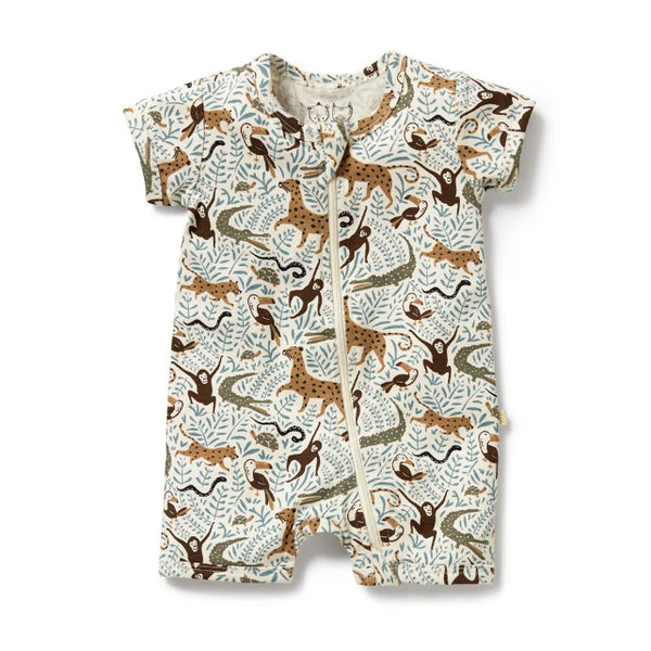 Baby romper with animal pattern on a white background