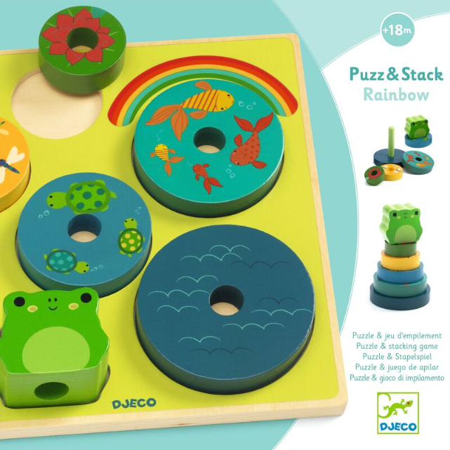 DJECO 7 piece Puzz & Stack Round Rainbow Wooden Puzzle boxed