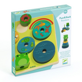 Angle view of DJECO 7 piece Puzz & Stack Round Rainbow Wooden Puzzle boxed