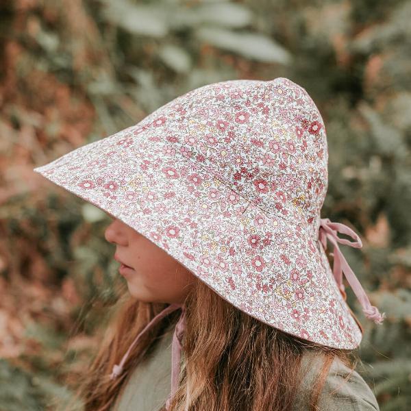 Child wearing 'Sightseer' Girls Wide-Brimmed Sun Bonnet -Ramble / Rosa - side view