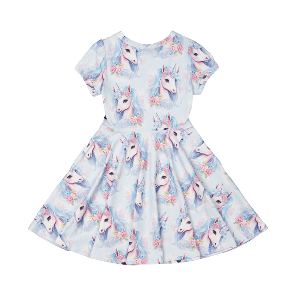 ROCK YOUR BABY Blue Unicorn Waisted Dress BACK VIEW