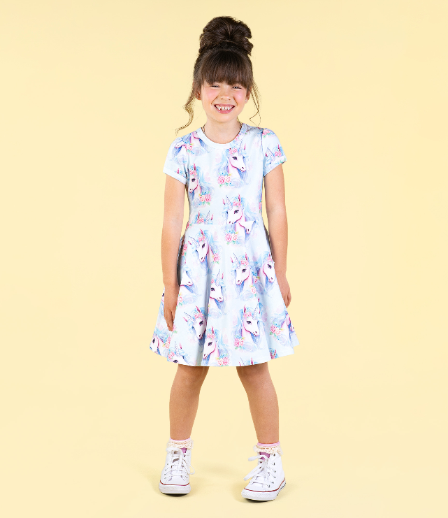 GIRL WEARING ROCK YOUR BABY Blue Unicorn Waisted Dress