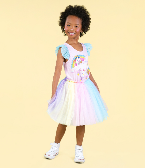 GIRL WEARING ROCK YOUR BABY Unicorn Rainbow Singlet Circus Dress STUDIO SHOT