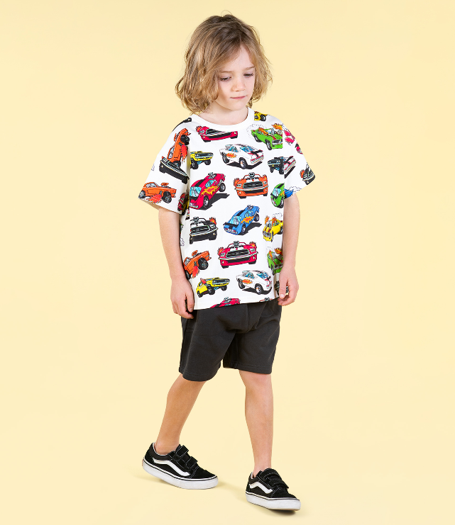 BOY WEARING ROCK YOUR BABY Cars T-Shirt AND BLACK SHORTS