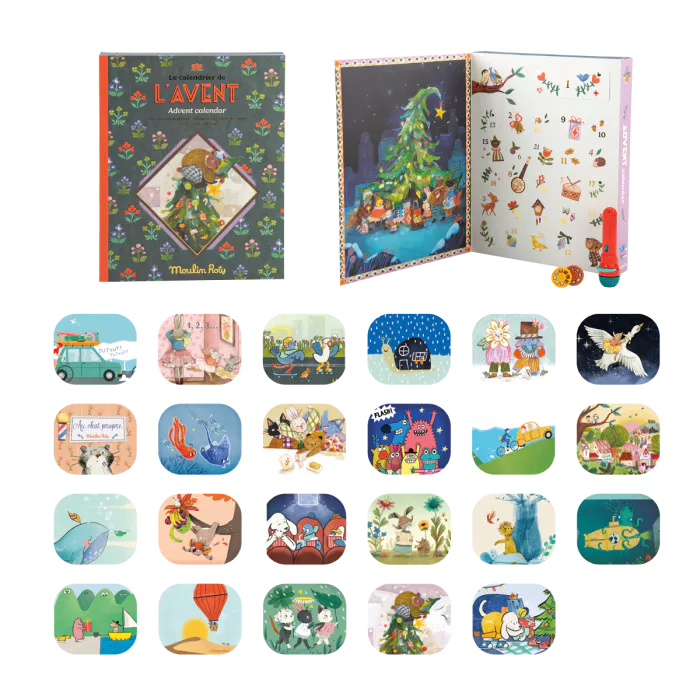 Open Children's Advent calendar showing pages from the stories 