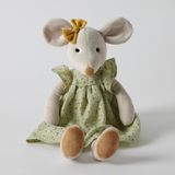 Stuffed mouse toy with a green dress and yellow bow on a white background