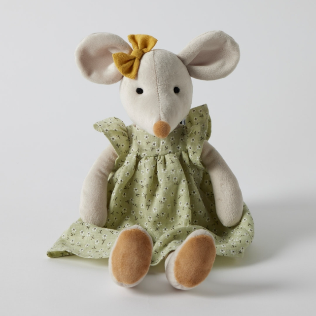 Stuffed mouse toy with a green dress and yellow bow on a white background