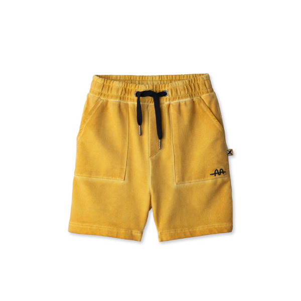 Yellow shorts with a black drawstring and logo on a white background