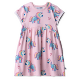 Pink dress with unicorn pattern on a white background