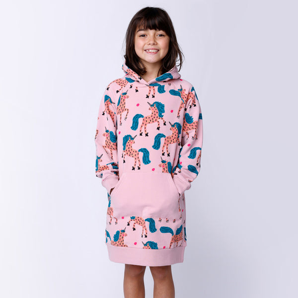 Child standing with hands in pockets of MINTI Dancing Unicorns Furry Hoodie Dress