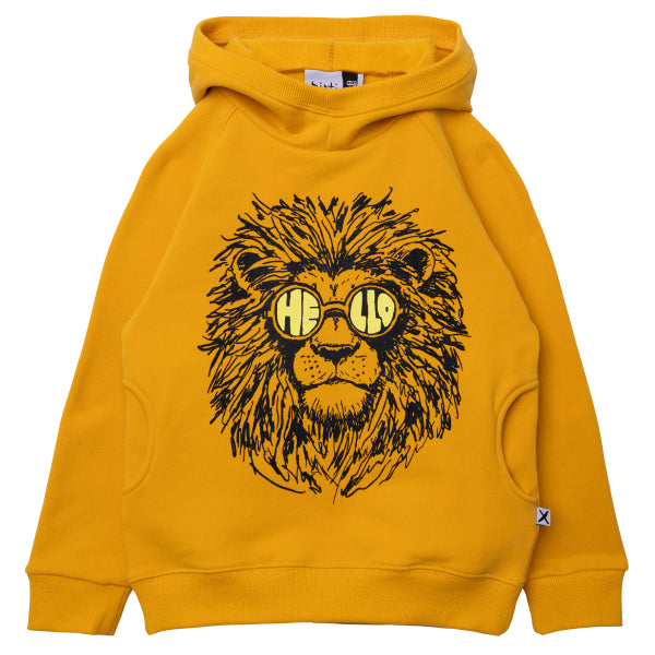 Black drawing of a lion face wearing sunglasses with the word 'HELLO' reflected in the frame, front centre on a yellow mustard hoodie with side pockets and ribbing on sleeves and waist.