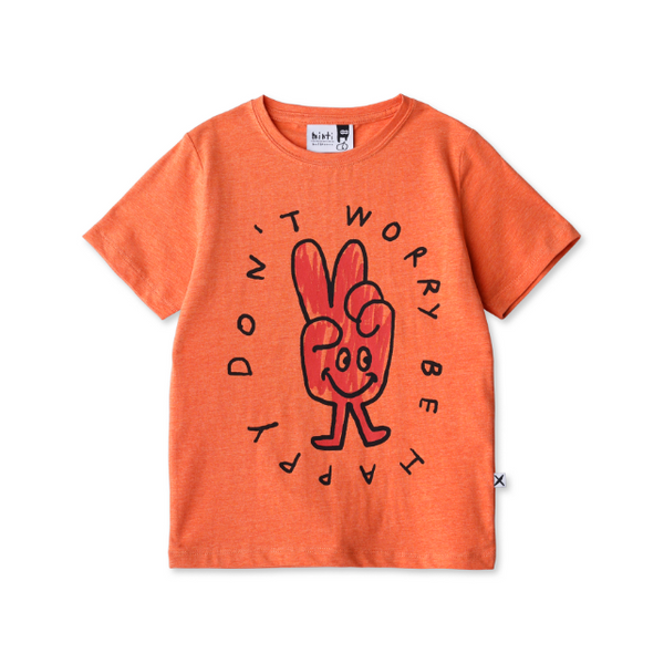 Orange t-shirt with a peace sign graphic and text on a white background