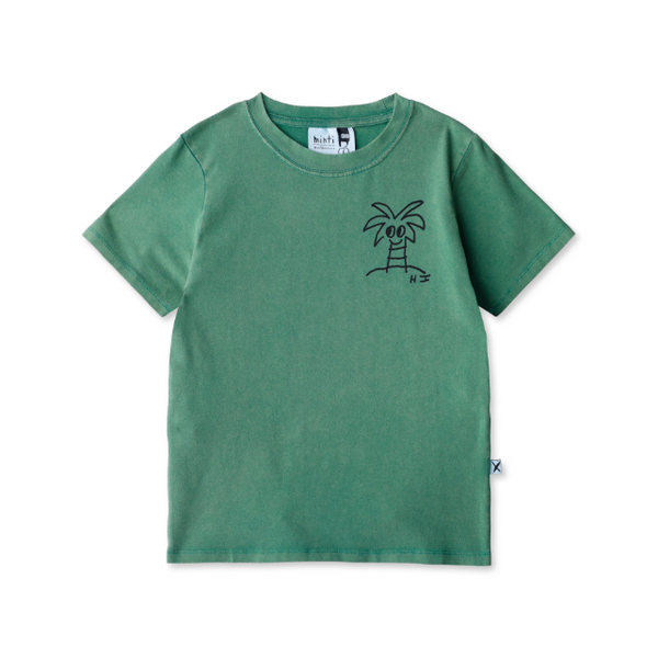 Green t-shirt with a small palm tree graphic on a white background