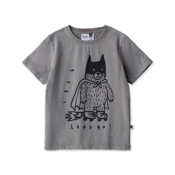 Gray t-shirt with a black bear graphic and 'Let's go!' text on a white background