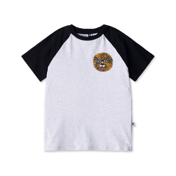 White t-shirt with black sleeves featuring a lion graphic on a white background