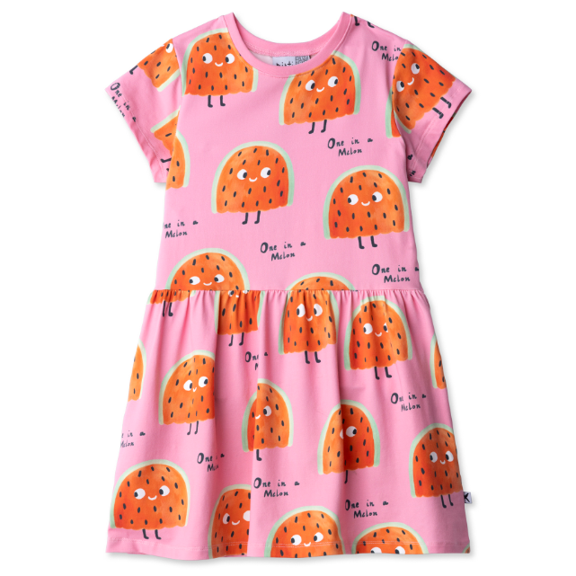 Pink dress with watermelon pattern on a white background