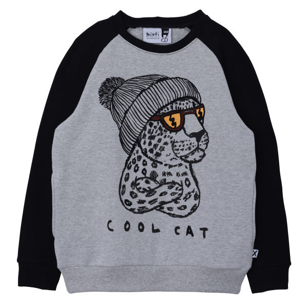 Black drawing of a leopard with arms folded wearing sunglasses and a beanie, centre front on grey marle furry sweater with contrasting black sleeves.  Side pockets. Black ribbing on neckline and cuffs. Grey ribbing at waist.