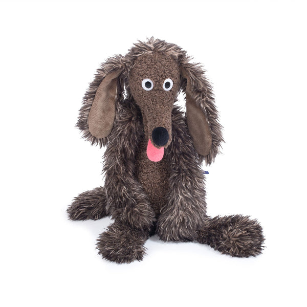 Plush dog toy with brown fur, black nose, and pink tongue on a white background