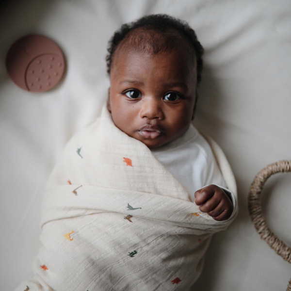 Baby wrapped in a dinosaur print muslin blanket with a soft focus background