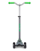 Children's scooter with green handlebars and wheels on a white background