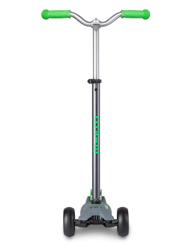 Children's scooter with green handlebars and wheels on a white background