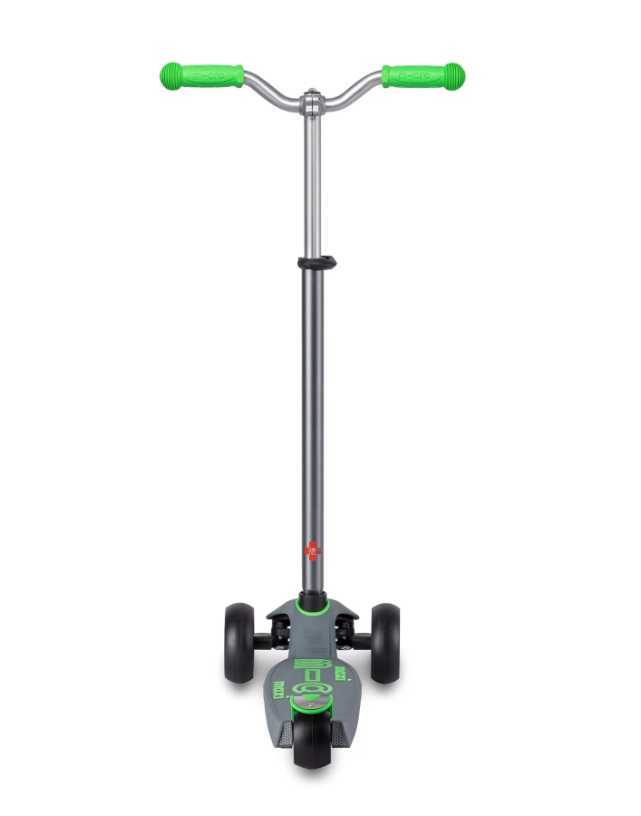 Children's scooter with green handlebars and black wheels on a white background