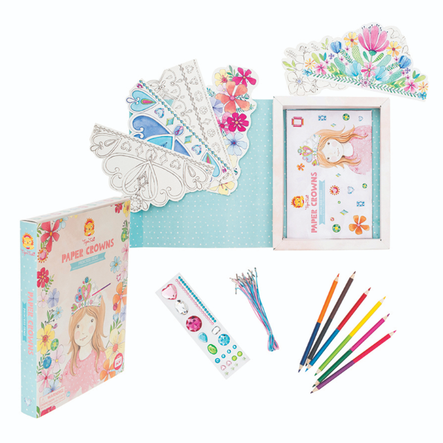 Craft kit with paper crowns, coloring book, and stationery on a white background