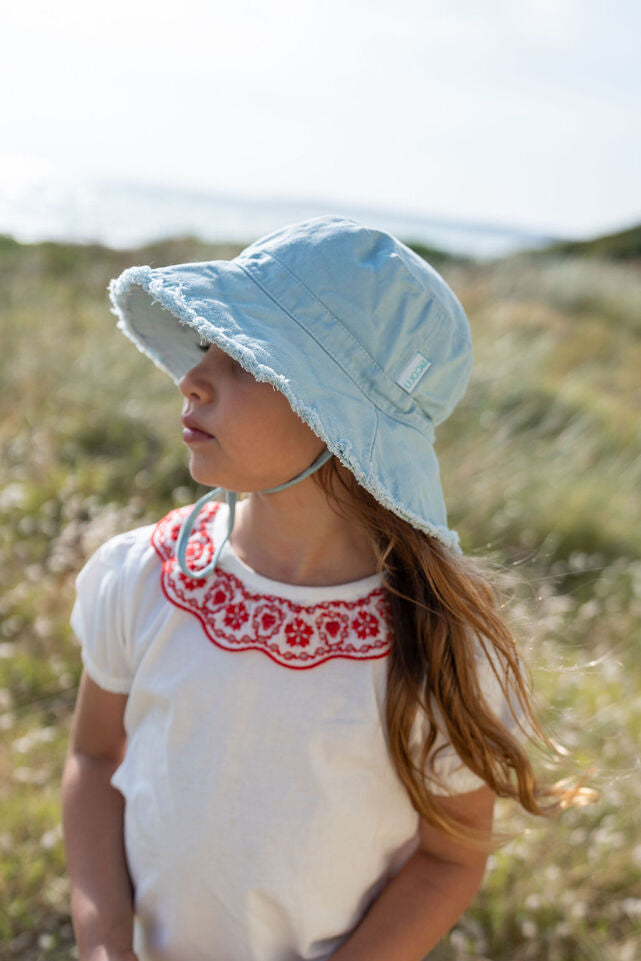 GIRL WEARING ACORN Frayed Bucket Hat - Seafoam - ANGLE VIEW