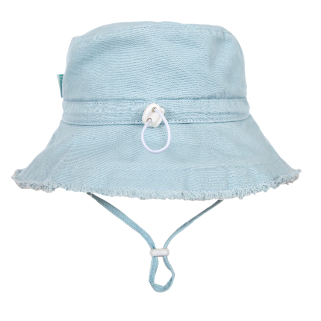 Back view of seafoam bucket hat showing ties and toggles